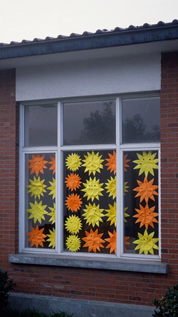 Tissue Paper Suns on Wuhan School Window in outside a brick lecture building near Wuhan