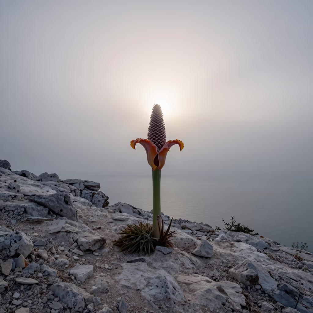 Titan Arum Blooming on Slovenian Cliff Edge Dawn in along a salt-sprayed cliff edge in Slovenia