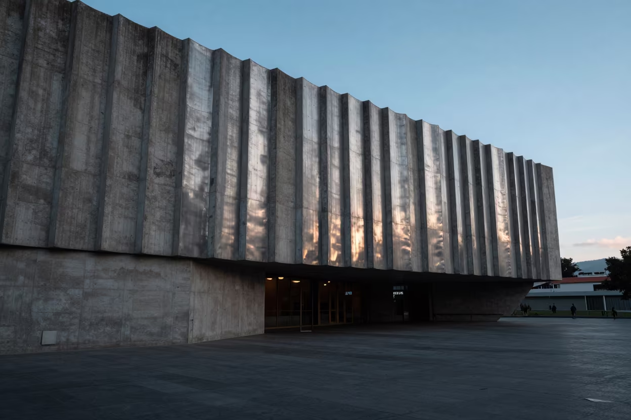 Titanium Museum Lobby Ribbed Concrete Dusk in inside a ribbed concrete lobby near Medellin