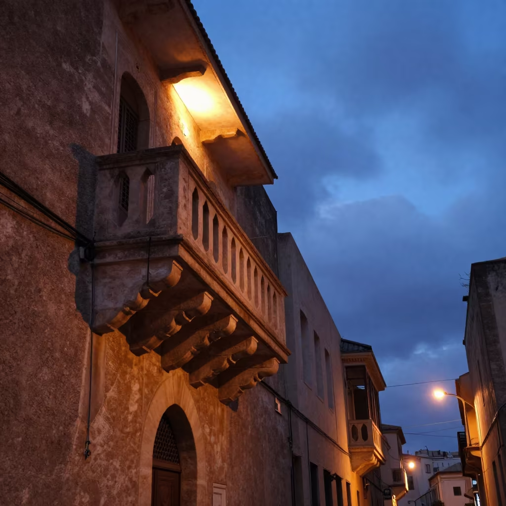 Tlemcen Balcony Twilight Sodium Glow in inside a skylit passageway in Tlemcen