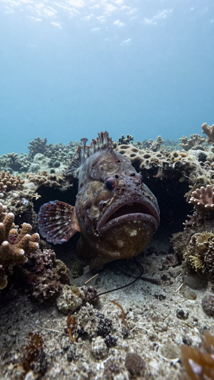 Toadfish Croaking in Reef Crevice Belize Dawn in beside a reef crevice under clear water near Belize City