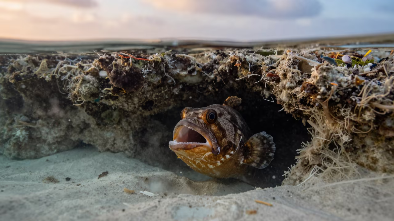 Toadfish Croaking in Reef Crevice at Sunset in beside a reef crevice under clear water near Zanzibar