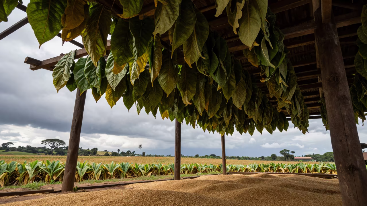 Tobacco Barn Hanging Leaves Ethiopia Field in across a harvested grain field in Ethiopia