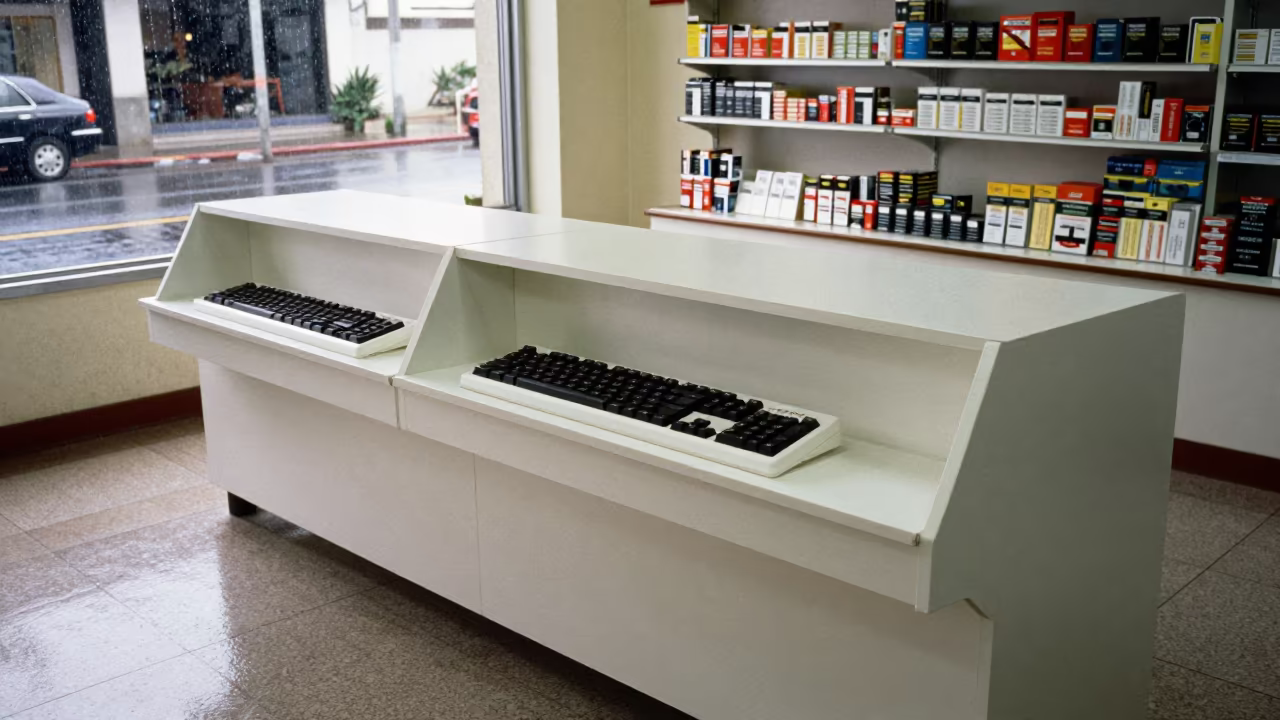 Tobacco Case Keyboard Display Lima Retail in inside a retail floor display area near Callao, Lima