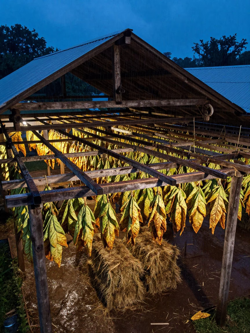 Tobacco Leaves Hanging in Barbados Barn in beside stacked hay bales in Barbados