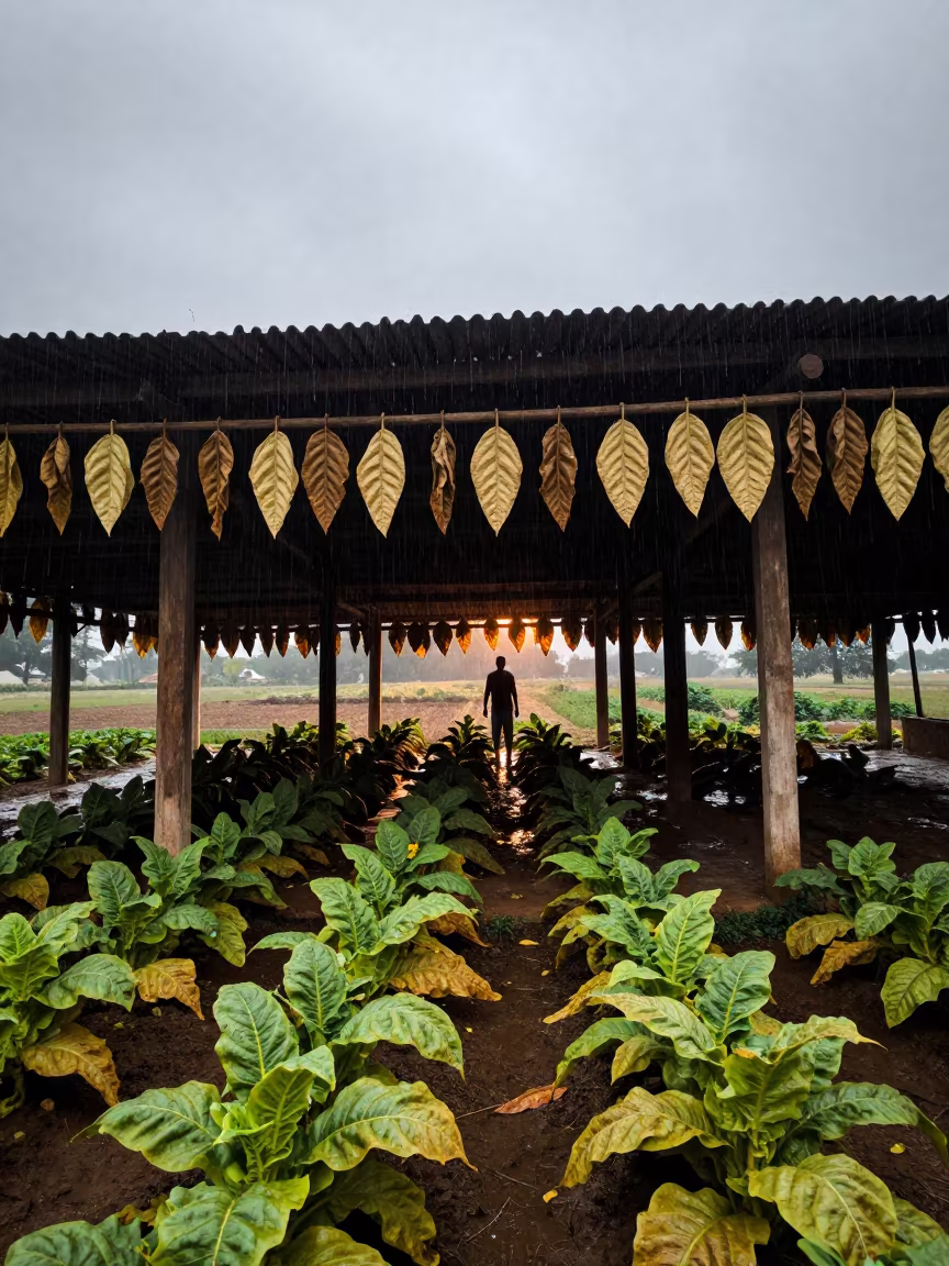 Tobacco Leaves Hanging in Rainy Barn Chandigarh in along freshly irrigated rows near Chandigarh