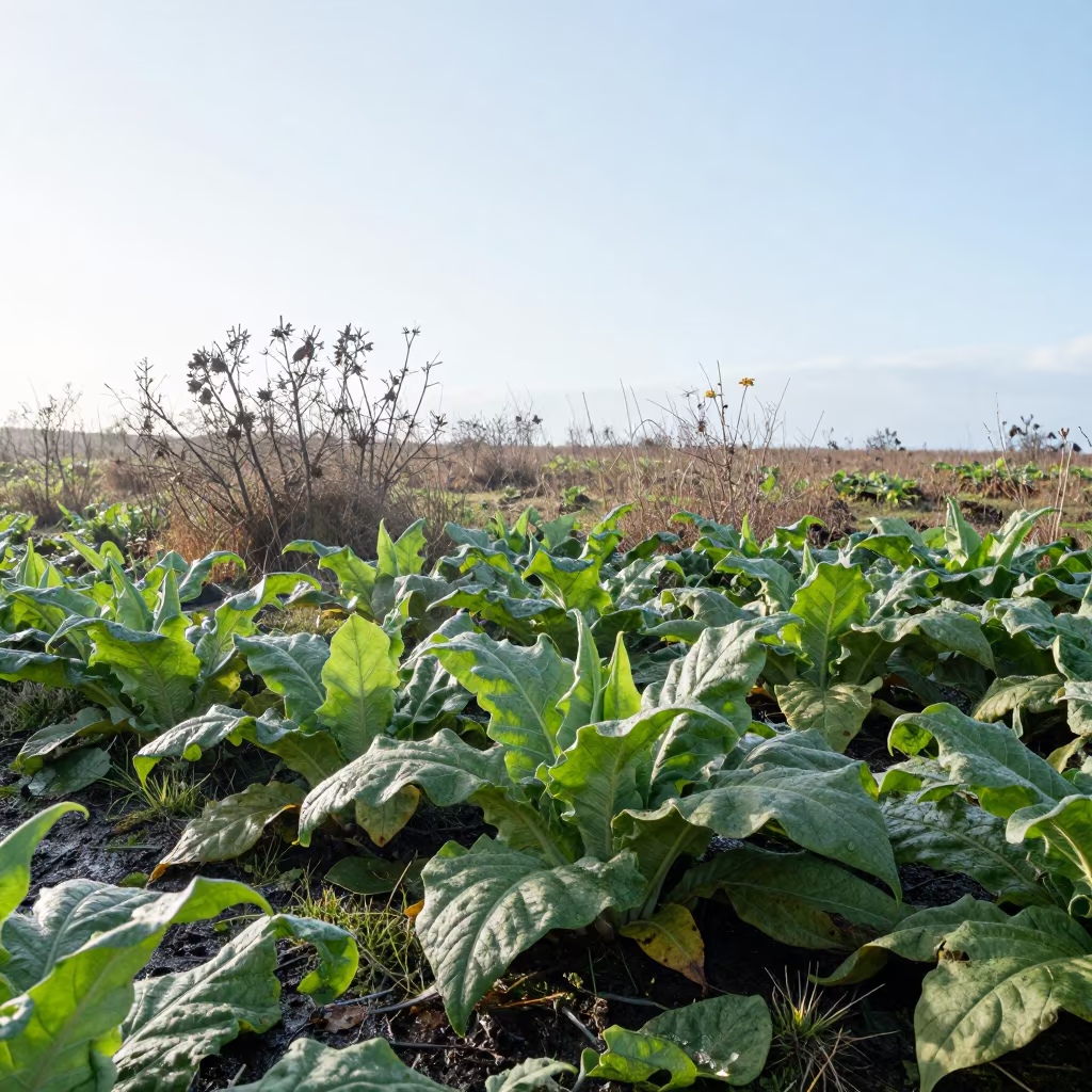 Tobacco Leaves in Winter Wales Meadow in in a bloom-heavy meadow in Wales