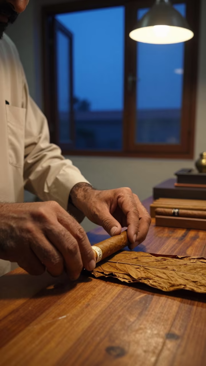 Tobacconist Rolling Cigars in Kasur Workshop in on a cafe table by a window in Kasur
