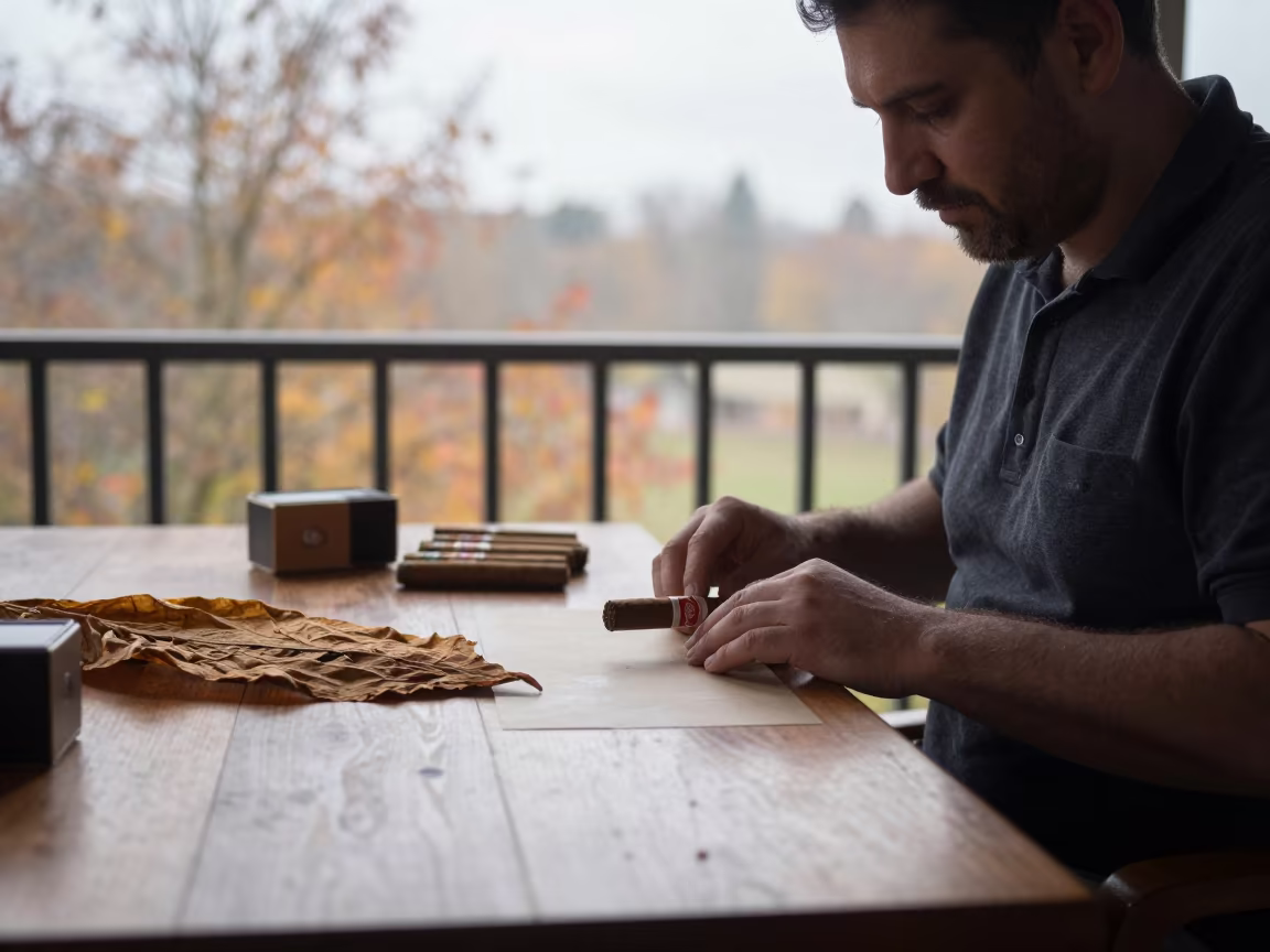 Tobacconist Rolling Cigars on Pier Table in on a pier railing in Hanumangarh