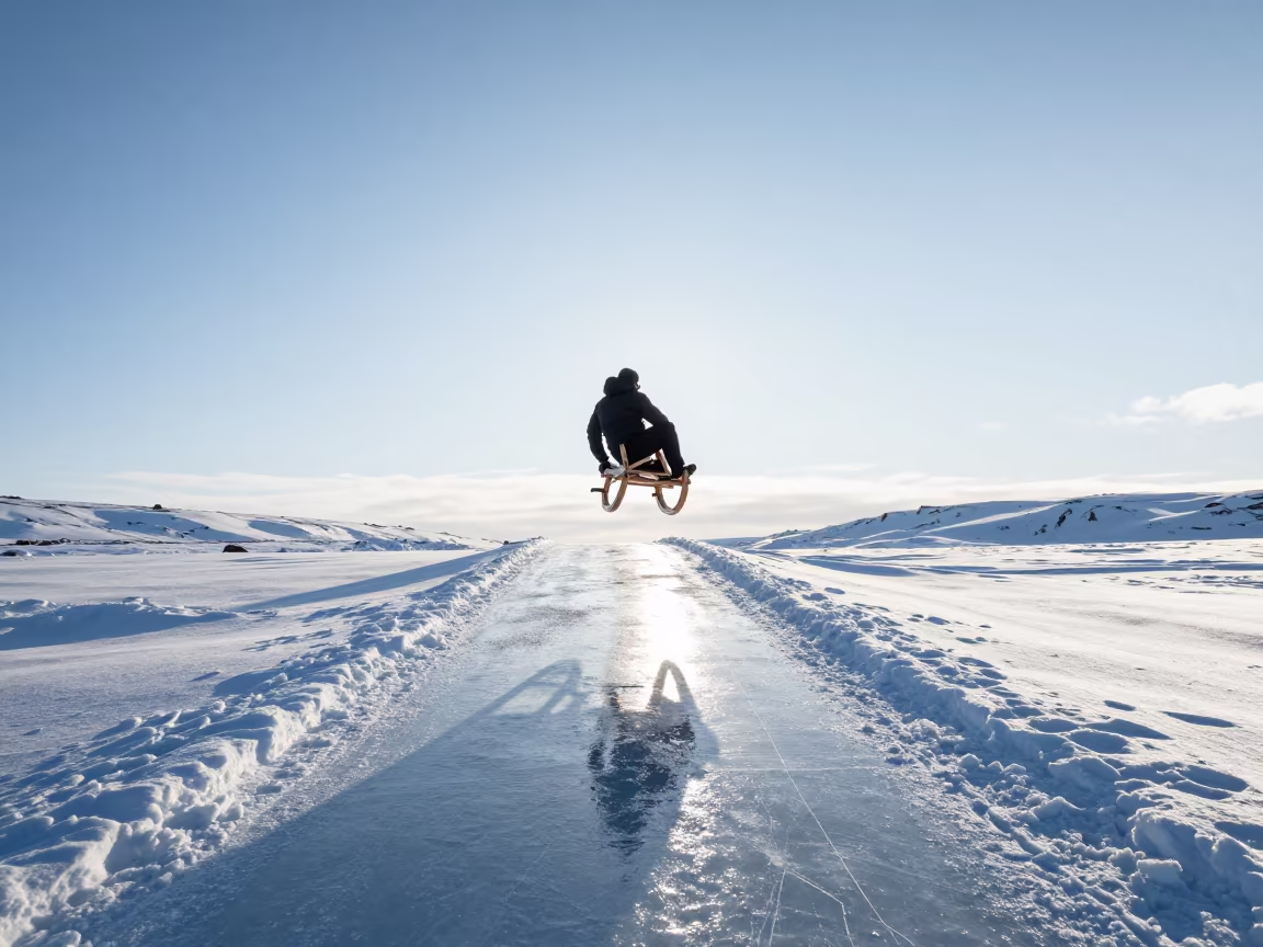 Toboggan Flying Over Snow Bump in Iceland in on a wind-open causeway in Iceland