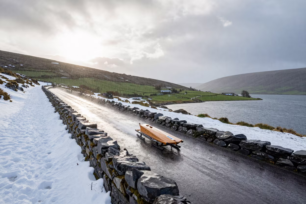 Toboggan on Irish Monsoon Causeway in on a wind-open causeway in Ireland
