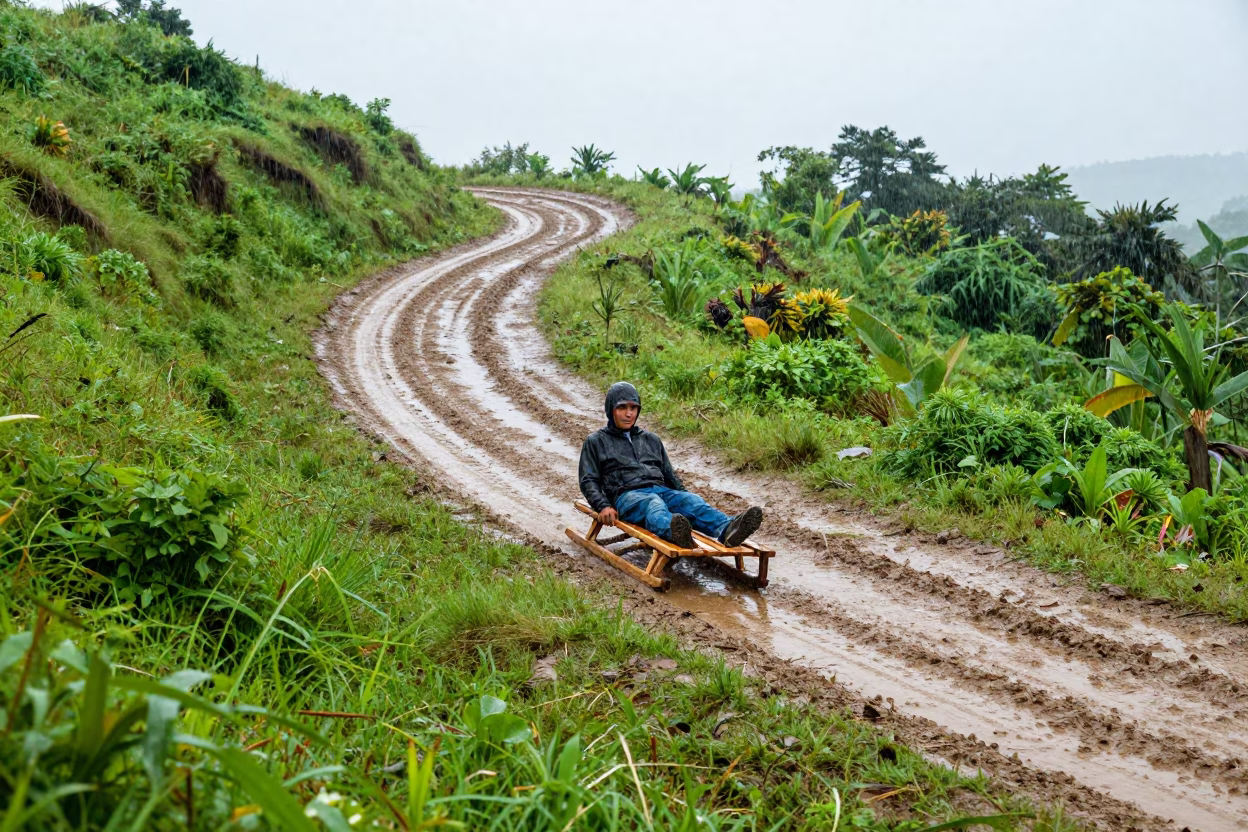 Toboggan Racing Downhill Haiti Rainy Season in along a switchback approach in Haiti