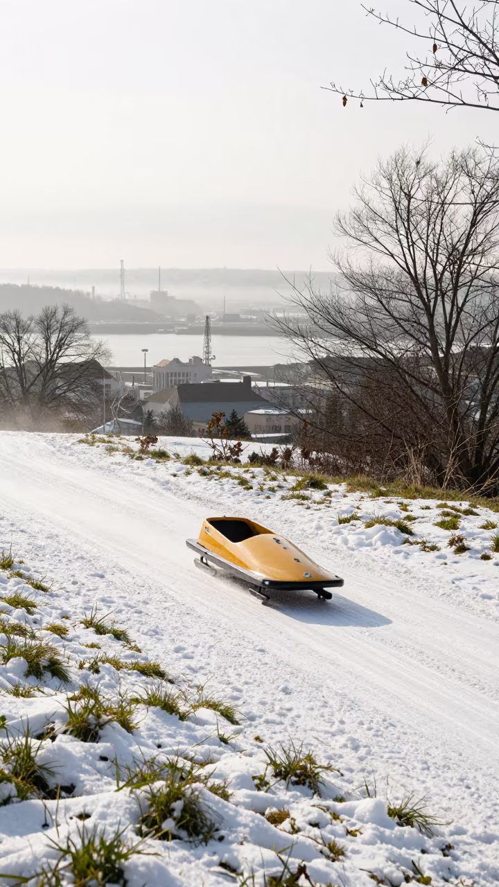 Toboggan Racing Down Snowy Hill Near Harbor in beside a fogbound harbor mouth near Nantes