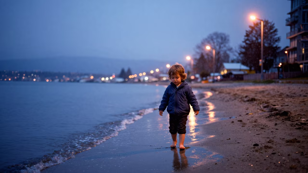 Toddler Barefoot in Wet Sand Under Snow in in Strathcona, Vancouver