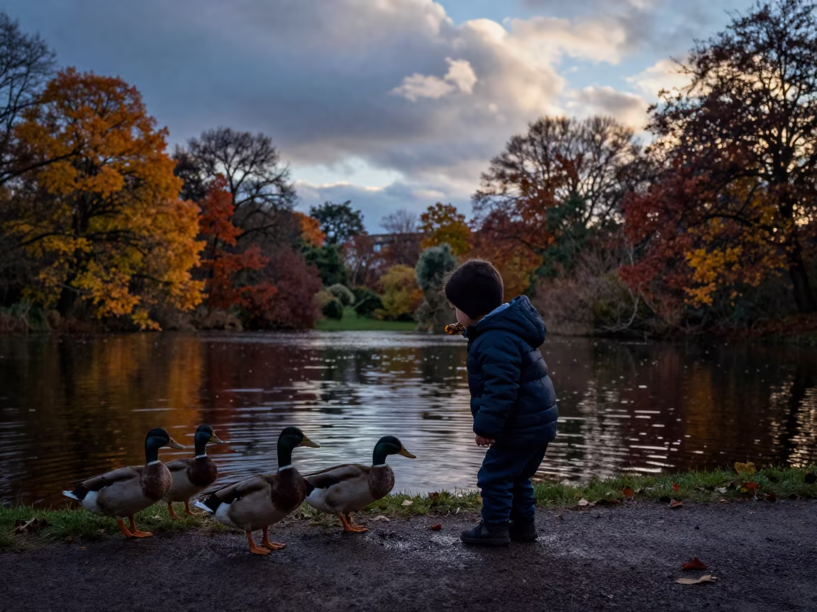 Toddler Feeding Ducks at Blue Hour Pond in near Glasgow