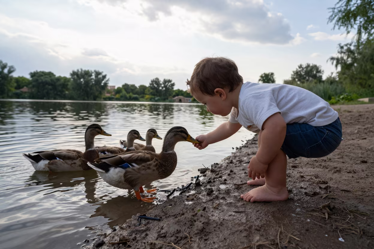 Toddler Feeding Ducks at Urgench Pond Dawn in near Urgench