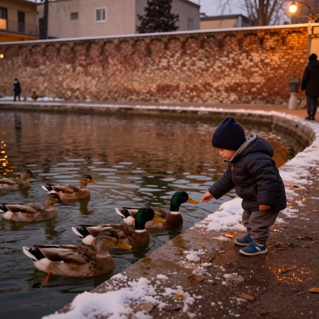 Toddler Feeds Ducks in Damietta Pond at Dusk in in Damietta