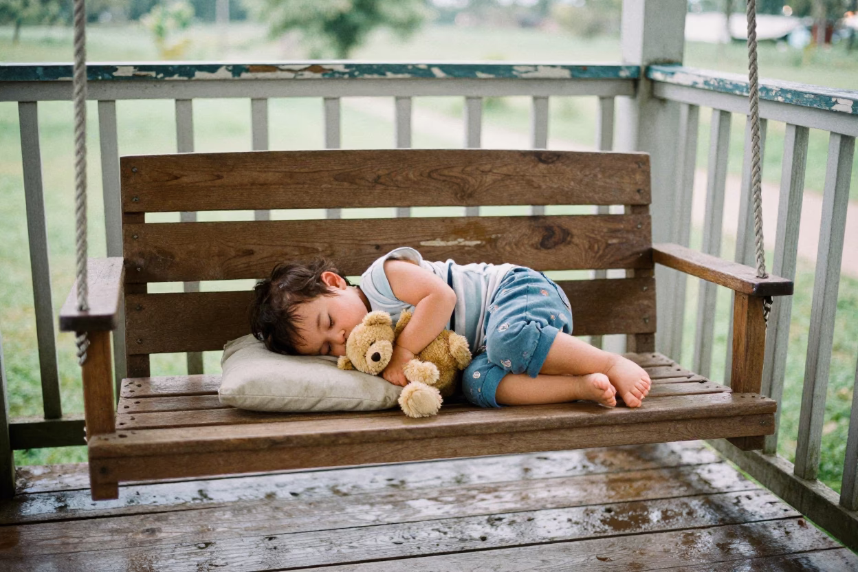 Toddler Sleeping on Porch Swing in Tongi in in Tongi