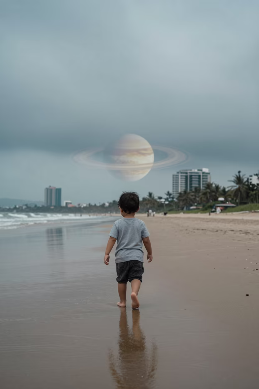 Toddler Walking Barefoot Under Ringed Planet in Medan in in Medan
