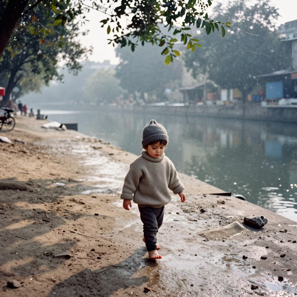 Toddler Walking Barefoot in Winter Snow by Delhi Canal in beside a canal in Delhi