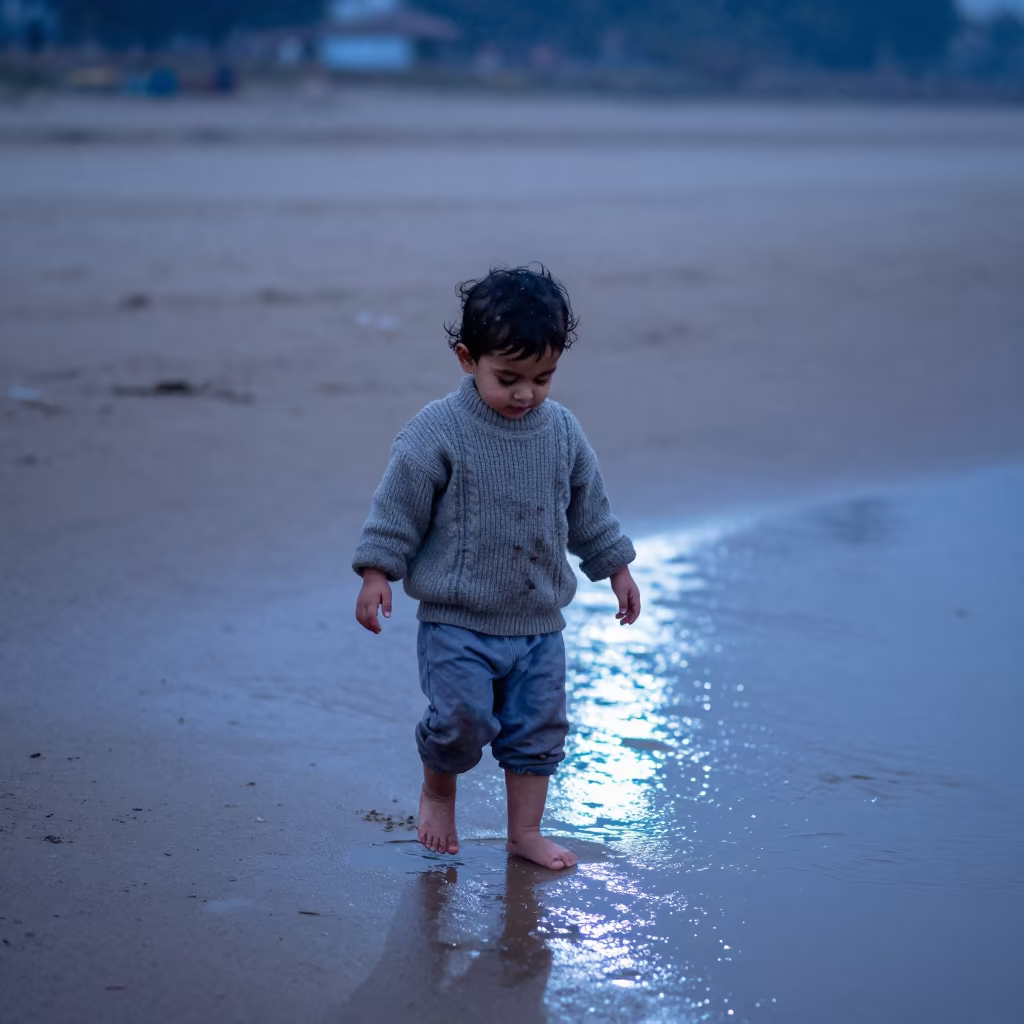Toddler in Wet Sand Delhi Winter Evening in near Delhi
