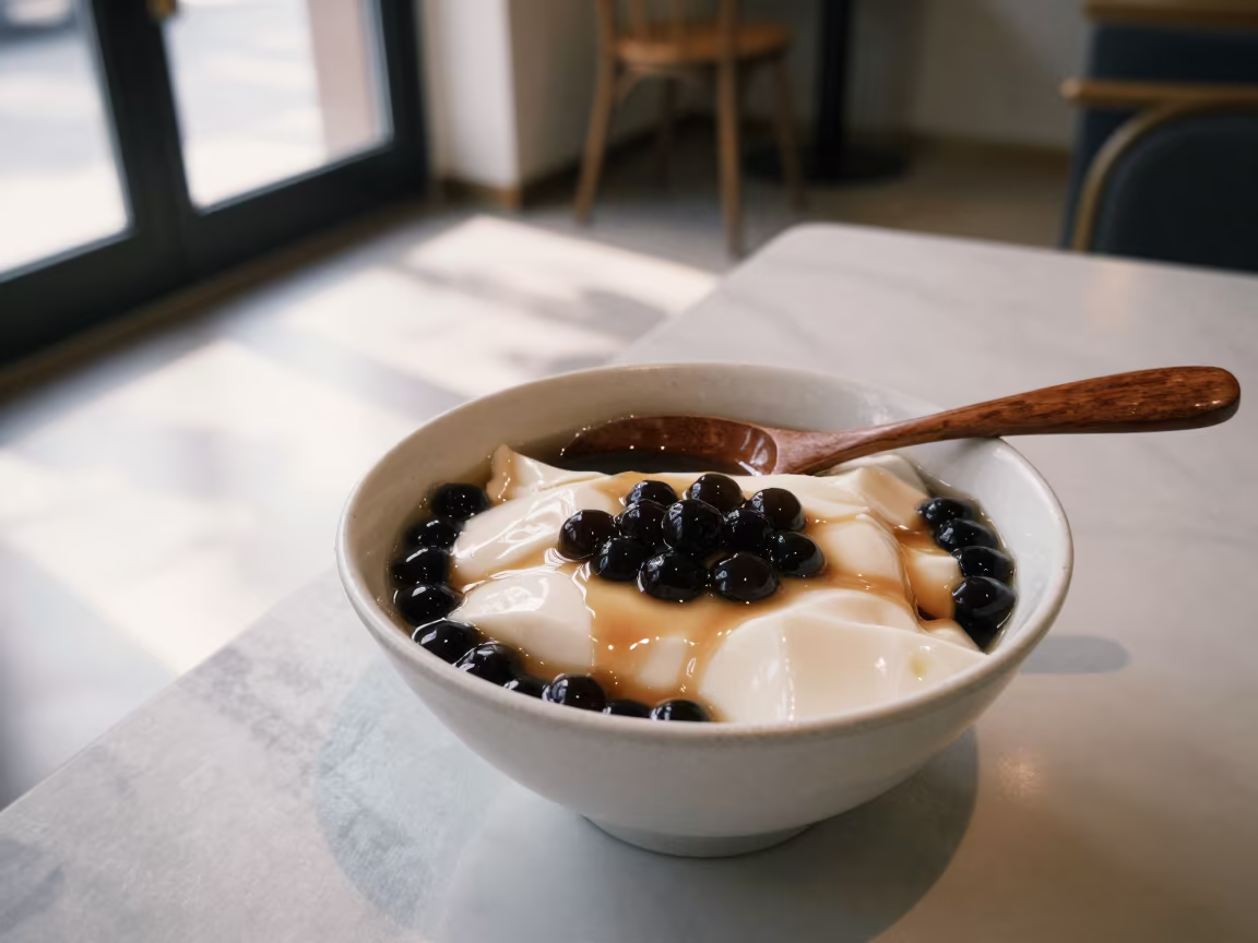 Tofu Taro Bowl on Marble Table in Taiyuan Cafe in on a marble cafe table in Taiyuan