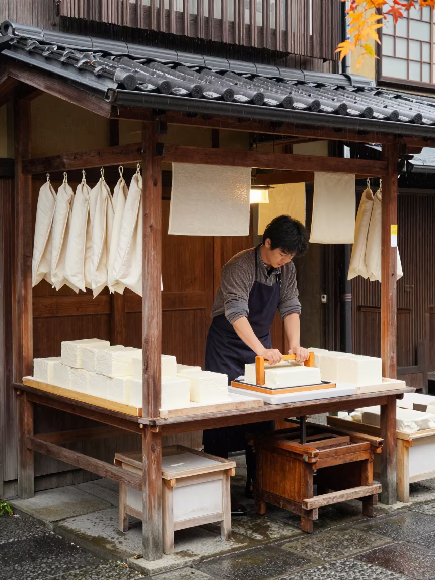 Tofu Vendor Pressing Blocks at Kyoto Morning Market in at a textile trader's stall in Pontocho, Kyoto