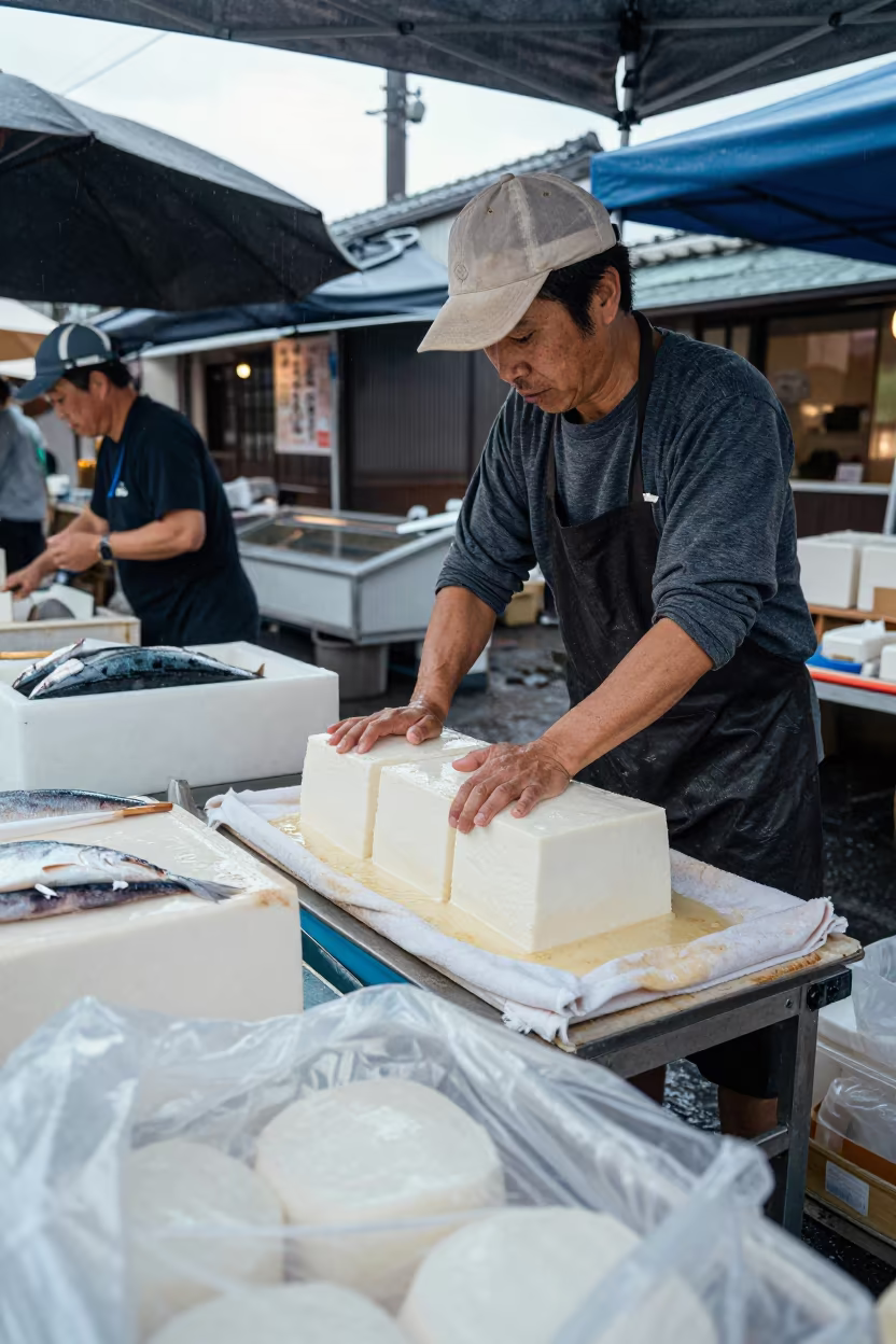 Tofu Vendor Pressing Fresh Blocks at Kyoto Market in beside a fish counter in Kyoto