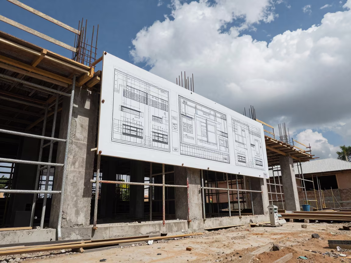 Togo Construction Board on Scaffold Midday in along a scaffolded facade in Togo