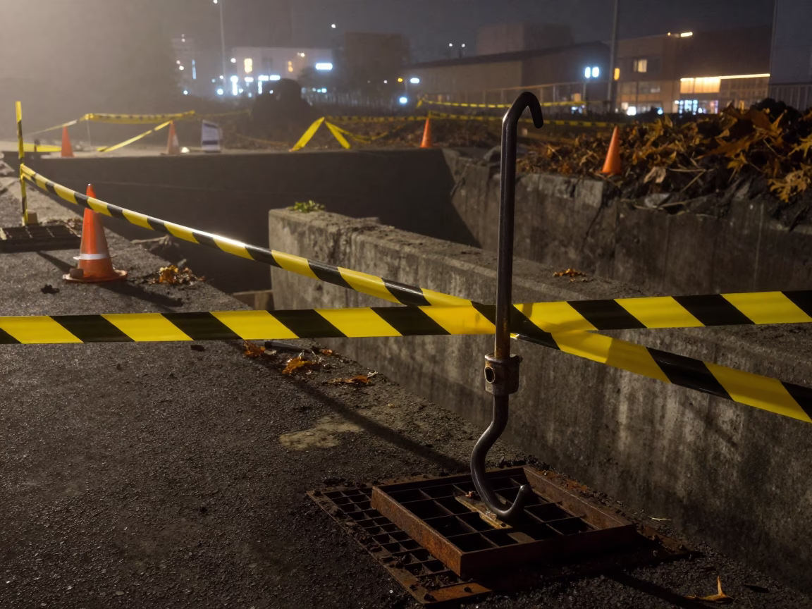 Tohoku Construction Grate Stand in Mist in inside a taped-off excavation edge in Tohoku