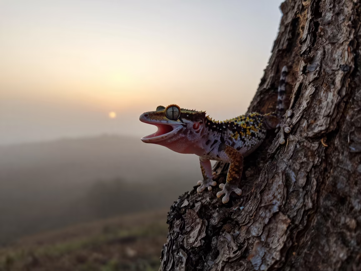 Tokay Gecko Calling at Golden Hour in along a game trail in Kansai