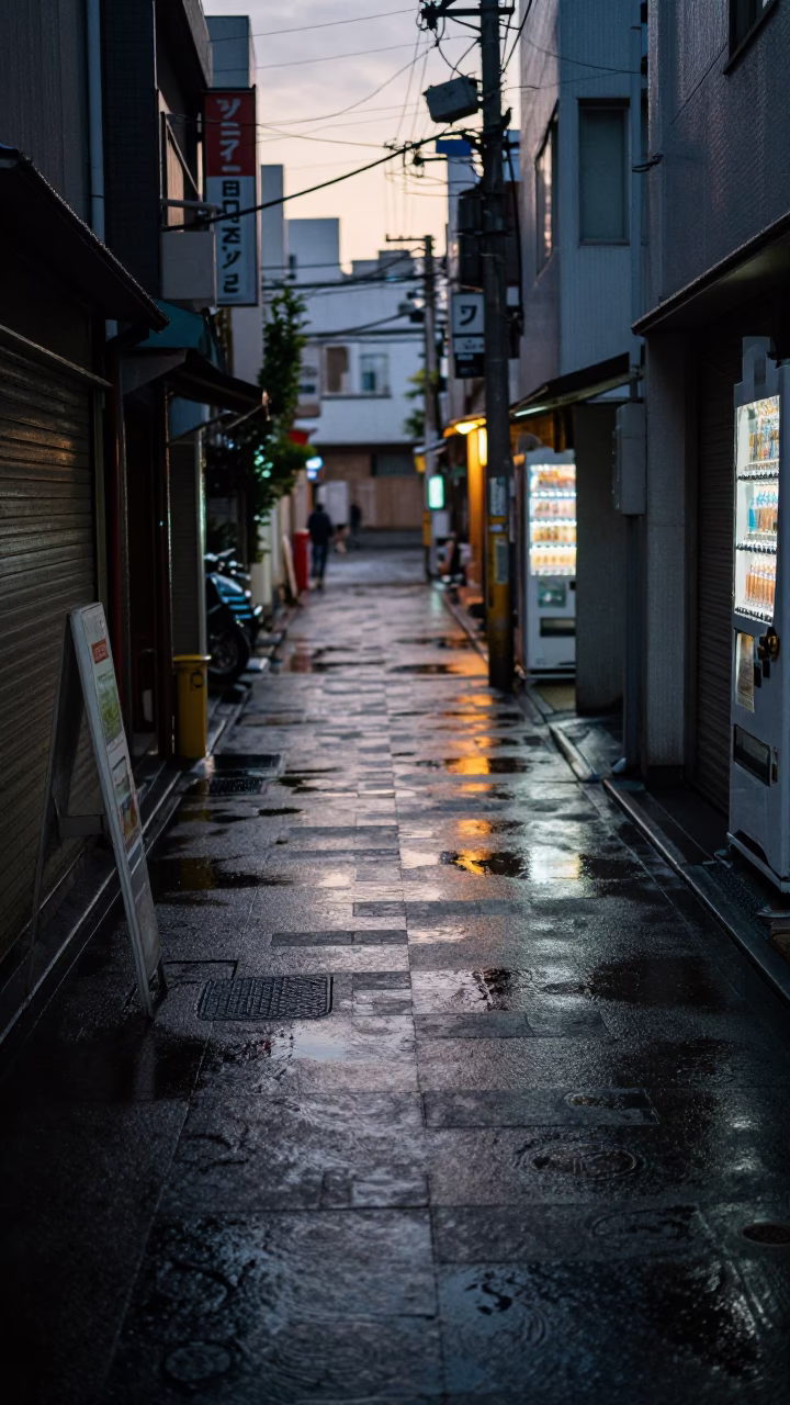 Tokyo Alleyway Dawn Pedestrian Overpass with Wet Footsteps and Spool Box in in Tokyo, Japan