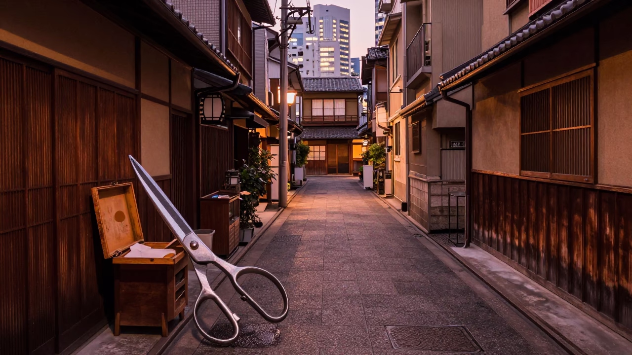 Tokyo Alleyway Dusk with Tailor Shears and City Skyline in Copper Light in in Tokyo, Japan