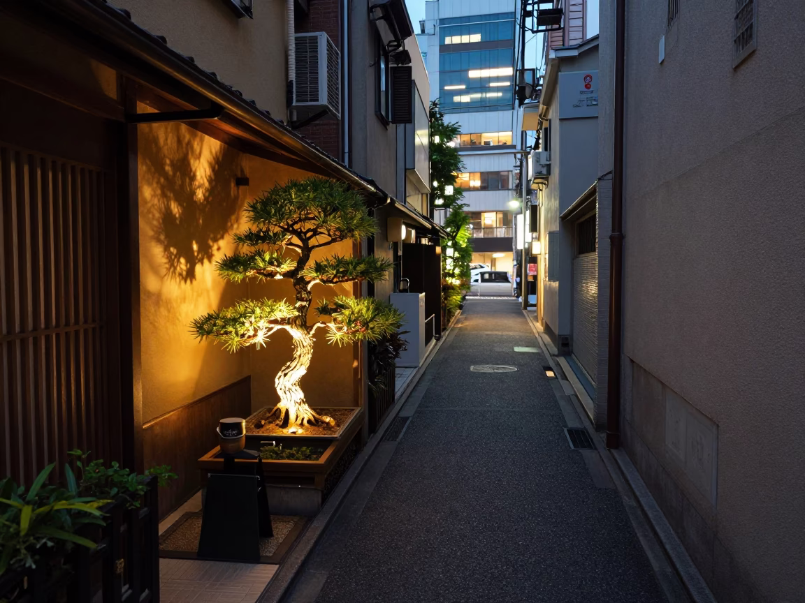 Tokyo Alleyway Evening Glow with Bonsai Pine and Coffee Mugs in in Tokyo, Japan