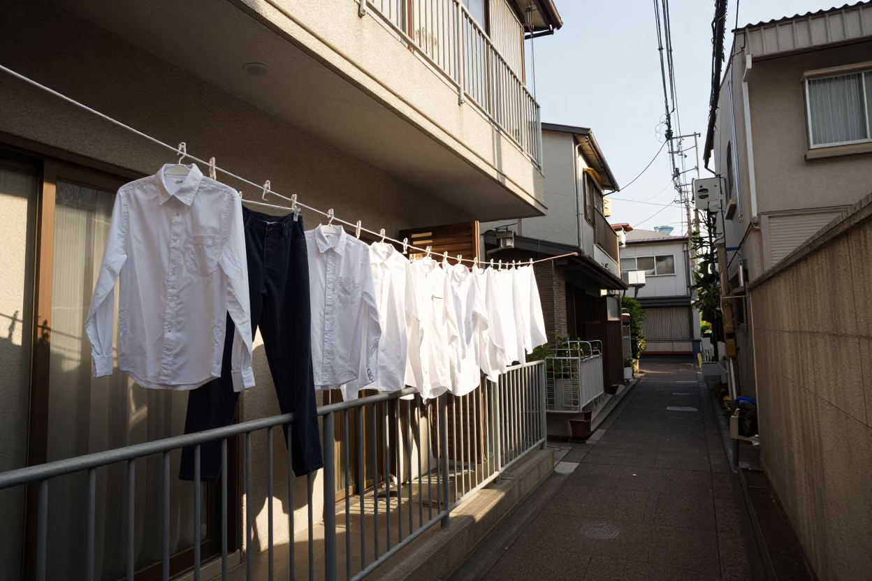 Tokyo Alleyway Laundry Drying on Balcony Railing in Early Afternoon Light in in Tokyo, Japan