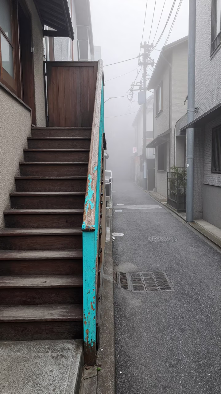 Tokyo Alleyway Misty Dawn Peeling Turquoise Paint and Wooden Stair Rail in in Tokyo, Japan