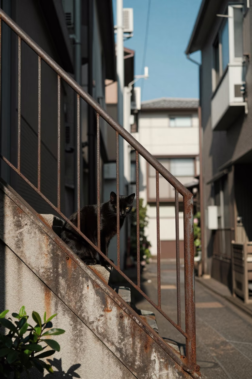 Tokyo Alleyway Stair Rail and Cat Under Clear Afternoon Sun in in Tokyo, Japan