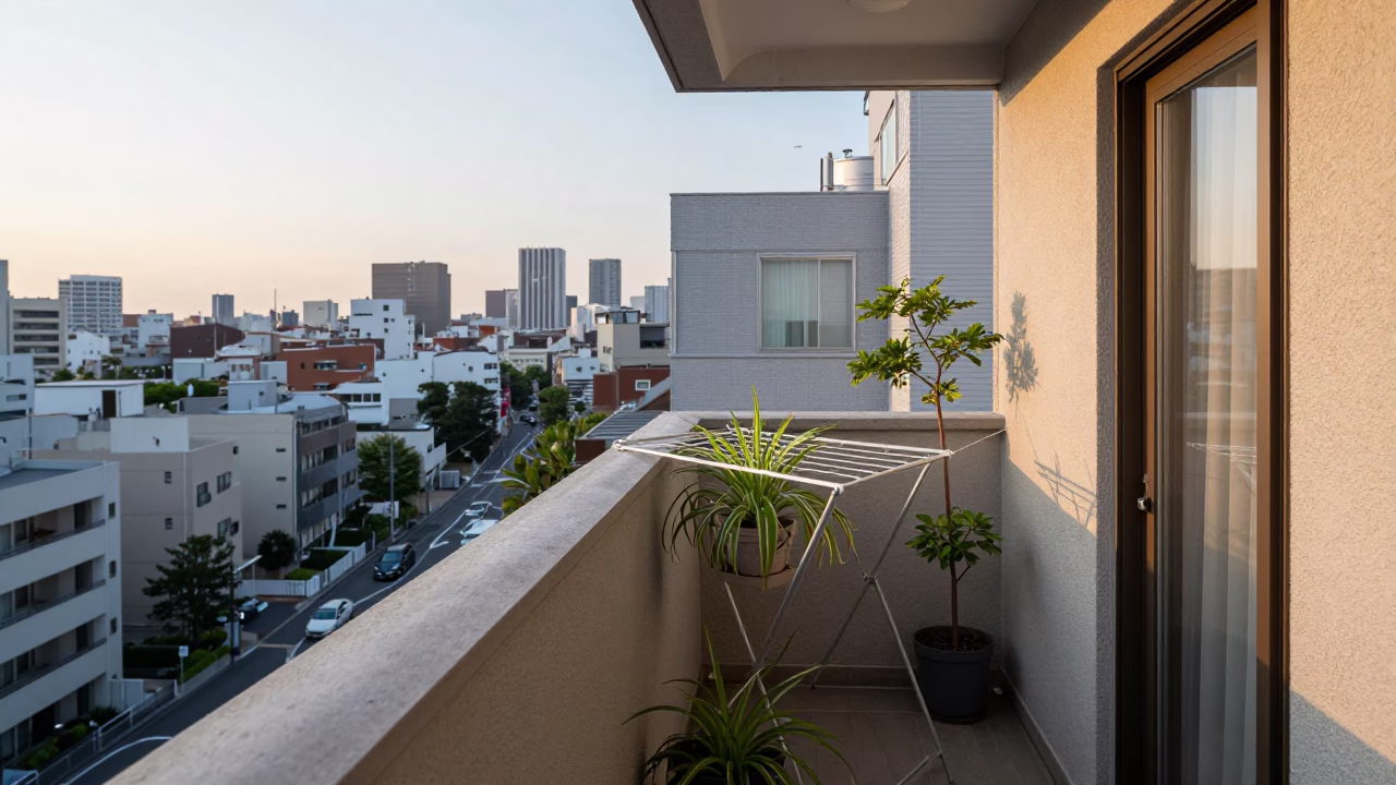 Tokyo Apartment Balcony Drying Rack and Houseplants at Nautical Dawn in in Tokyo, Japan