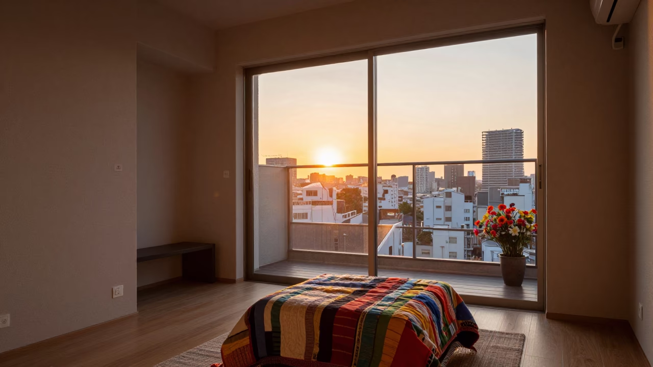 Tokyo Apartment Interior at Sunset with Quilt and Flowering Plant in in Tokyo, Japan