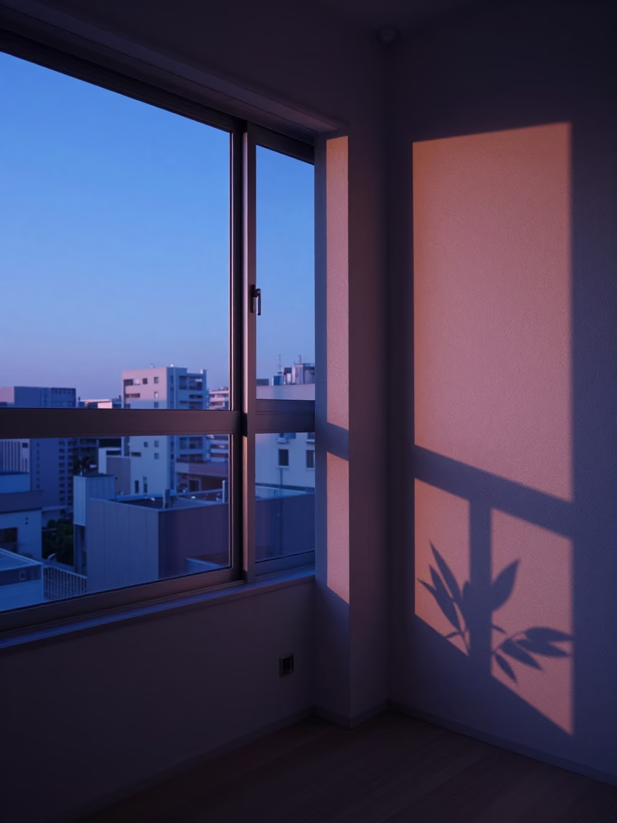 Tokyo Apartment Interior Indigo Twilight Deadbolt and Leaf Shadows on Window Sill in in Tokyo, Japan