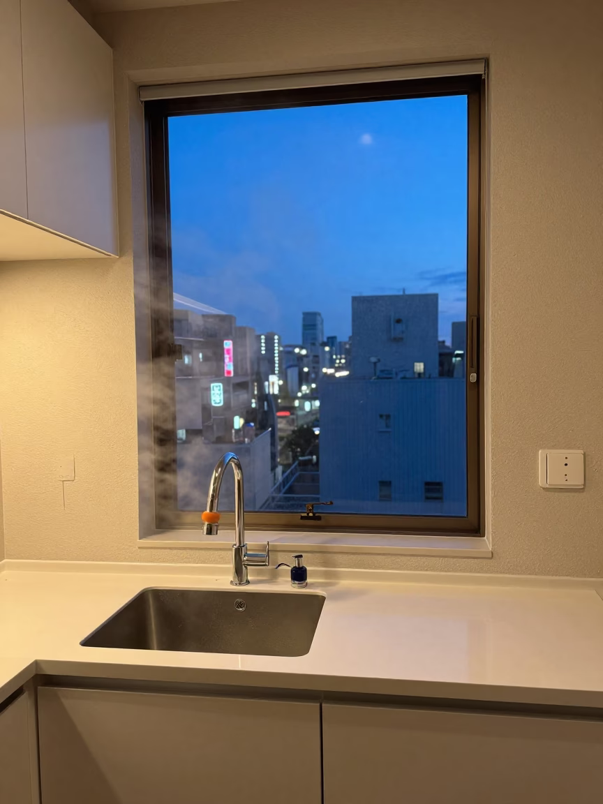 Tokyo Apartment Kitchen Blue Hour Steam Window View in in Tokyo, Japan