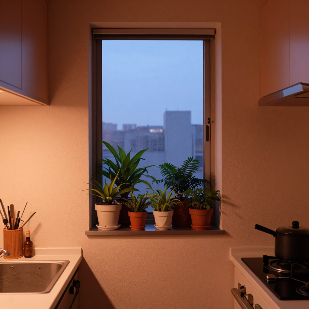 Tokyo Apartment Kitchen Interior at Dusk with Houseplants and Cutlery in in Tokyo, Japan