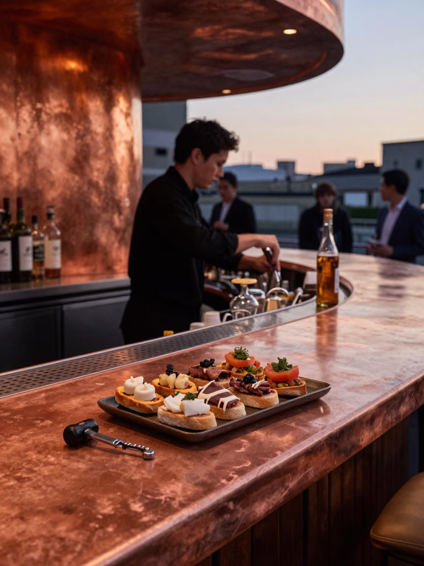 Tokyo Bar Counter Copper Dusk Light Spanish Pintxos and Corkscrew Candid Moment in in Tokyo, Japan