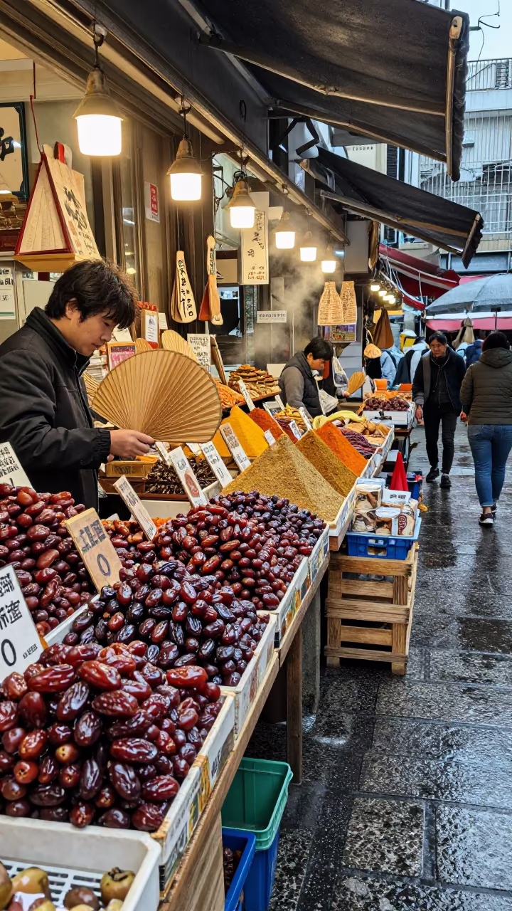 Tokyo Bazaar Vendor Fanning Flies From Date Display in in a covered bazaar aisle in Tokyo