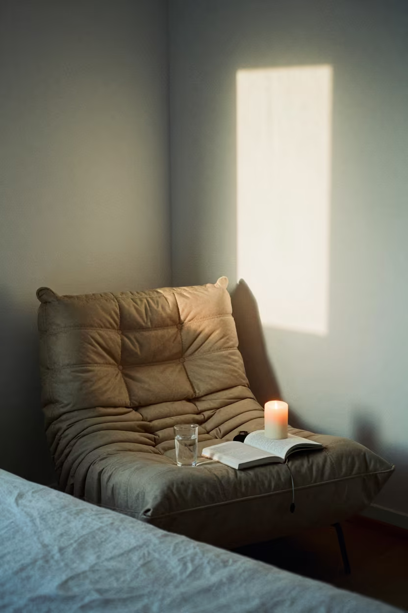 Tokyo Bedroom Still Life on Quilted Chair in in a candlelit bedroom near Roppongi, Tokyo