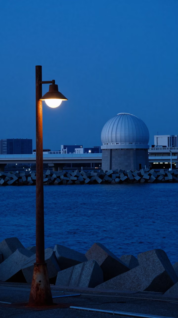 Tokyo Blue Hour Harbor Scene with Rusty Lamp and Observatory Dome in in Tokyo, Japan