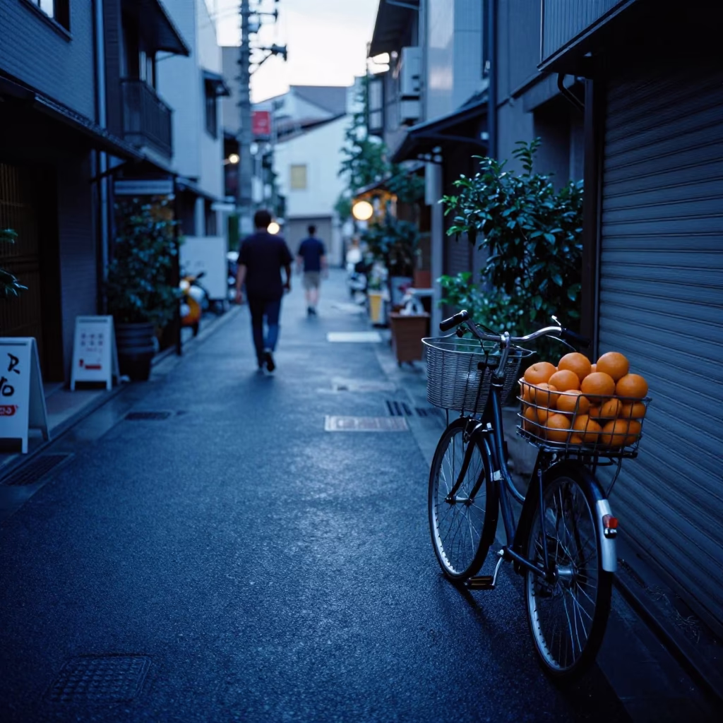 Tokyo Blue Hour Street Scene with Bicycle and Oranges in in Tokyo, Japan