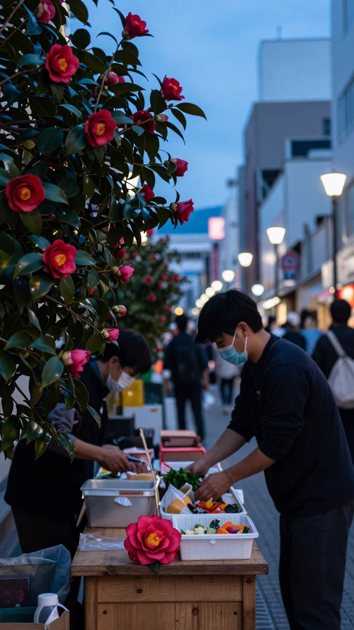 Tokyo Blue Hour Street Scene with Camellia and Traditional Elements in in Tokyo, Japan
