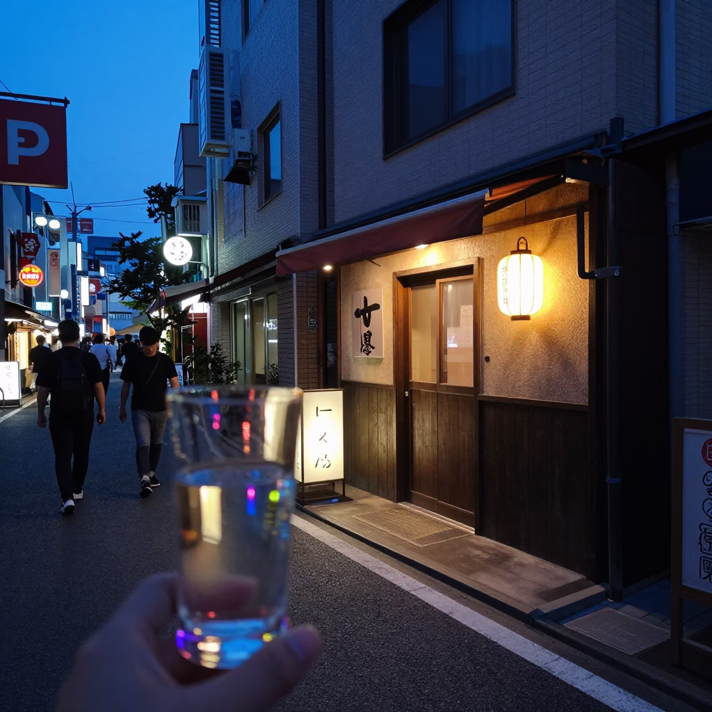 Tokyo Blue Hour Street Scene with Glass Tumbler and Neon Reflections in in Tokyo, Japan