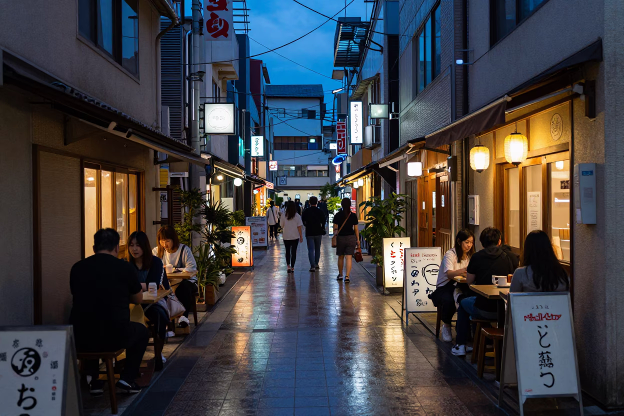 Tokyo Blue Hour Street Scene with Neon Reflections and Casual Dining in in Tokyo, Japan
